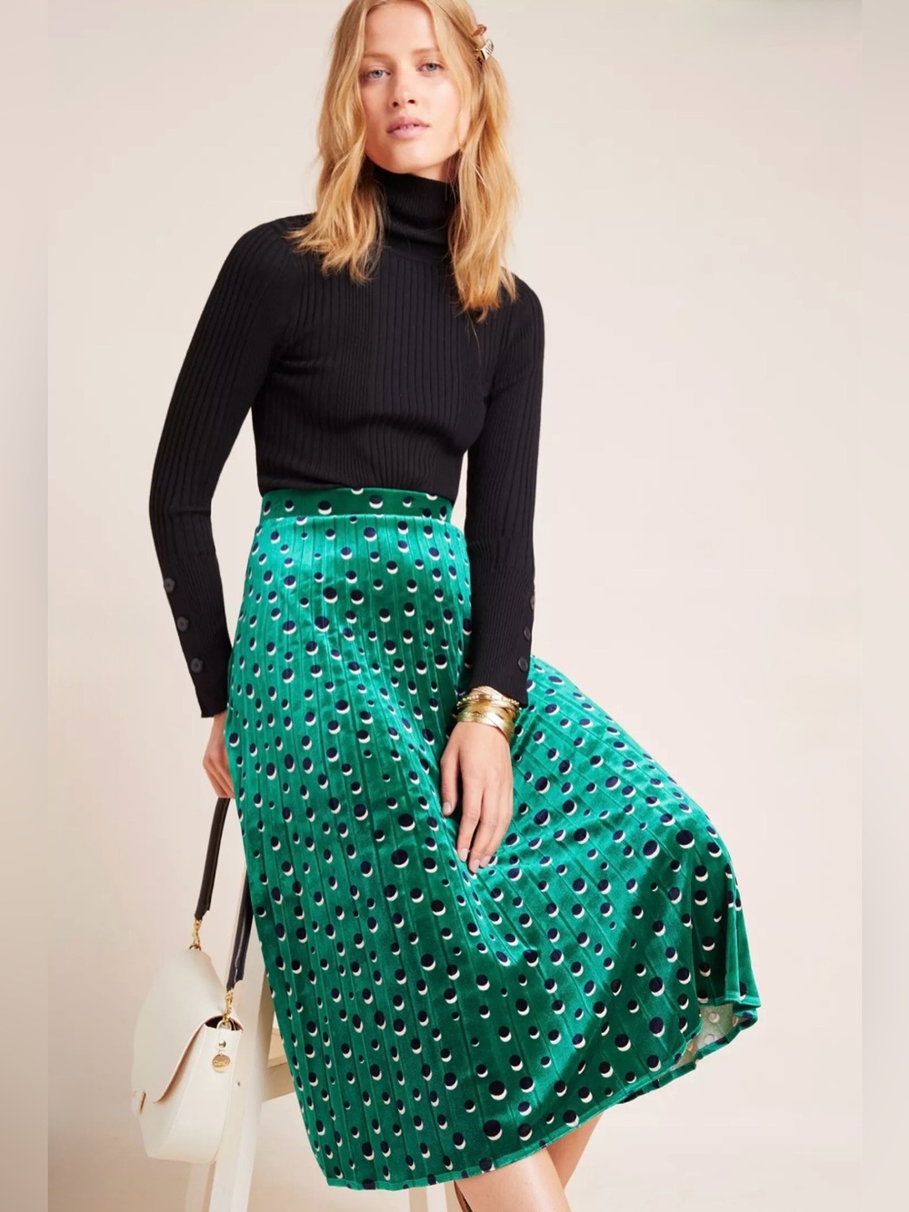 Maeve Anthropologie Green Velvet Midi Skirt Polka Dot Pleated XS